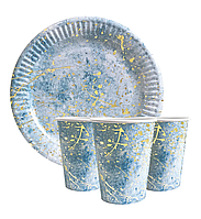 Набір святкового посуду (10 тарілок, 10 стаканів) - "Блакитно-золотий мармур"
