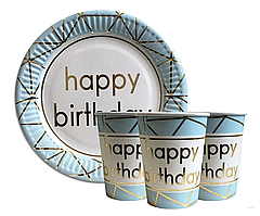 Набір святкового посуду (10 тарілок, 10 стаканів) - "Happy Birthday блакитний"