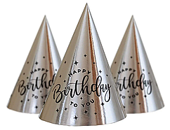 Ковпачки святкові "Happy birthday" срібло, 10 штук