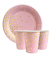 Набор праздничной посуды (10 тарелок, 10 стаканов) - "Конфетти на розовом"