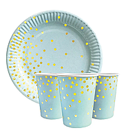 Набір святкового посуду (10 тарілок, 10 стаканів) - "Конфеті на блакитному"