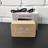 Часы-будильник на батарейках WC C-1294 термометр, корпус дерево цифры синие, часы настольные електронные