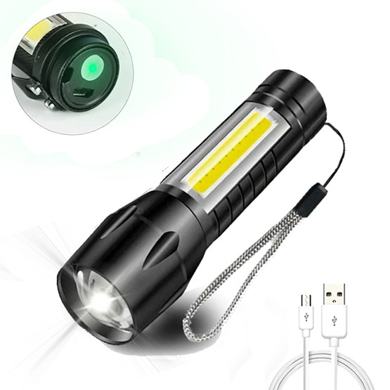 Ліхтар ручний з бічним світлом X-Balog BL-511 XPE+COB акумуляторний, micro USB, з фокусуванням, з ремінцем