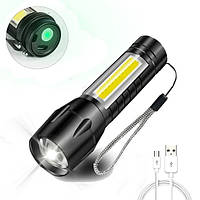 Ліхтар ручний з бічним світлом X-Balog BL-511 XPE+COB акумуляторний, micro USB, з фокусуванням, з ремінцем