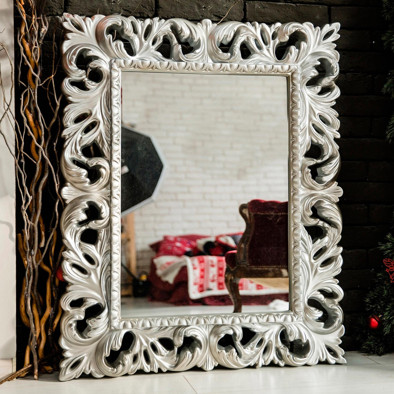 Дзеркало прямокутне Піонія Elite Decor срібло 1200х1000 ТМ Миро-Марк