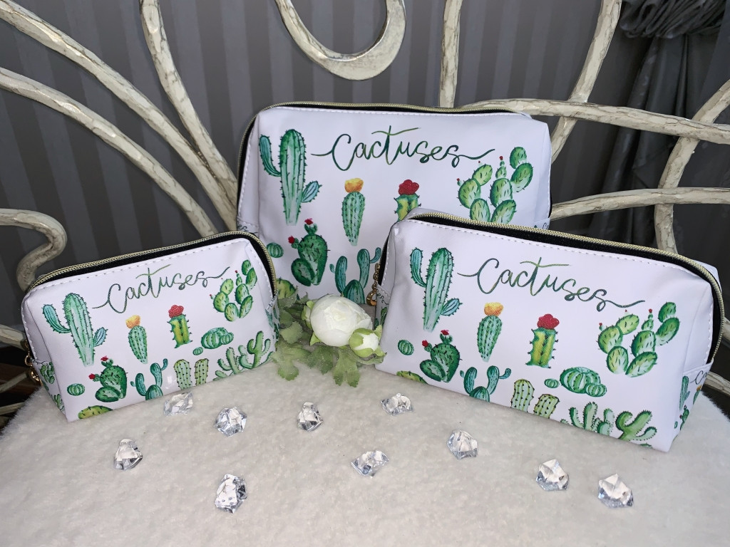 💚Набір косметичок жіночих Кактуси, дорожніх, різних розмірів 3 в 1, на блискавці, фото 1