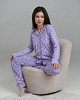 Женская хлопковая пижама на пуговицах, фиолетовая в горошек