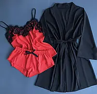 ВИБІР КОЛЬОРУ Піжама жіноча з мереживом комплект 3 в 1 халат і піжама з майкою, шортами