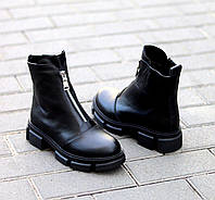 Женские кожаные ботинки демисезонные молодежные массивная подошва черные натуральная кожа