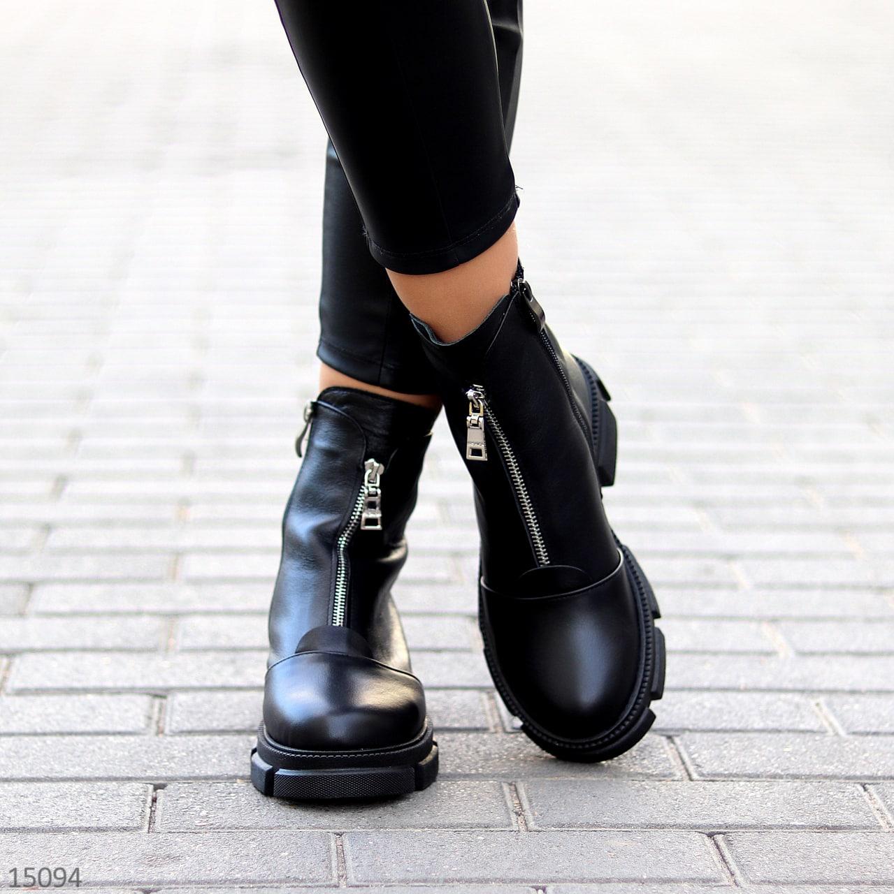 Женские кожаные ботинки демисезонные молодежные массивная подошва черные натуральная кожа - фото 3 - id-p1740347279