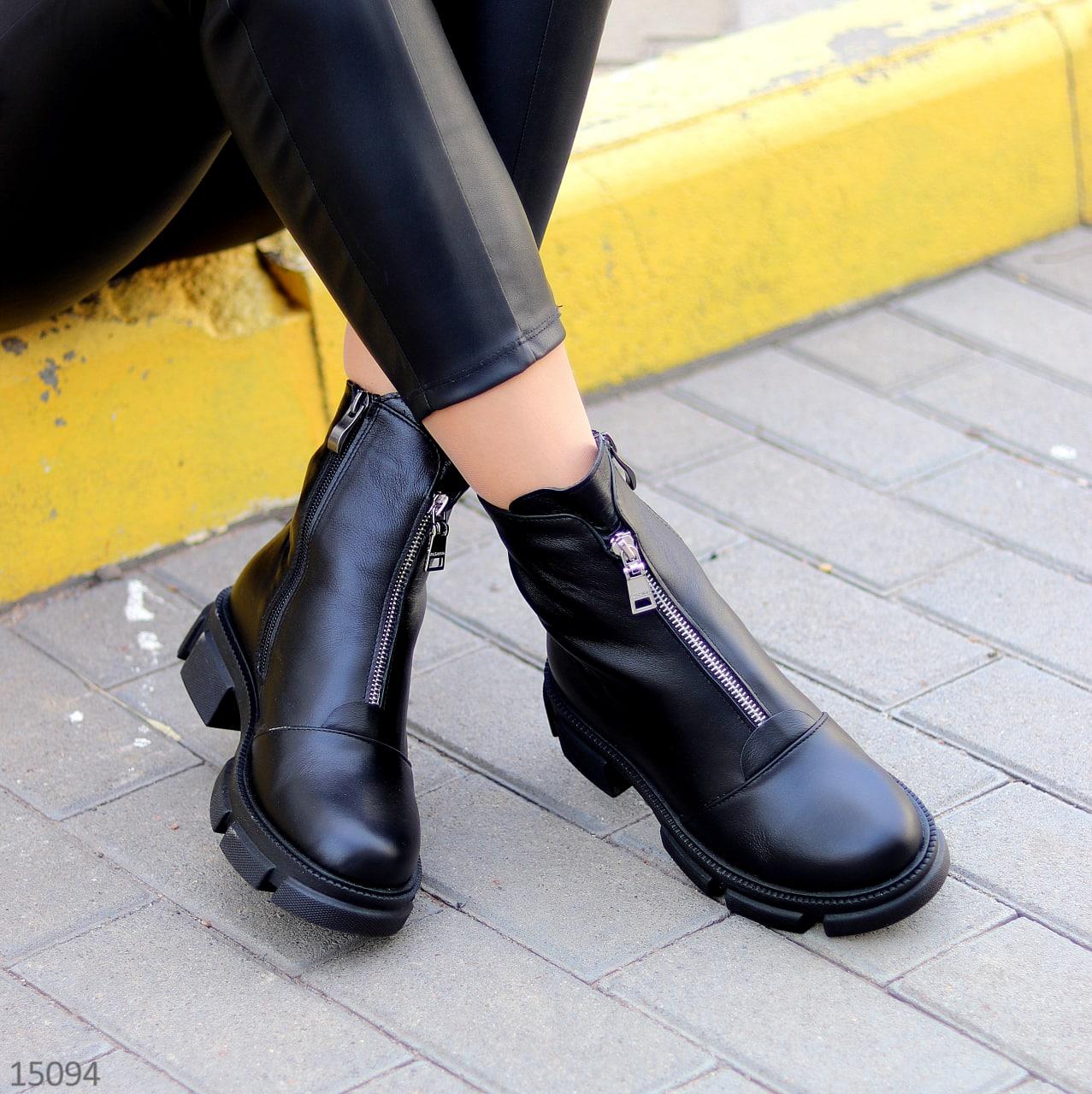 Женские кожаные ботинки демисезонные молодежные массивная подошва черные натуральная кожа - фото 6 - id-p1740347279