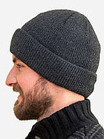 Мужская зимняя шапка вязаная Лео с отворотом черная серый