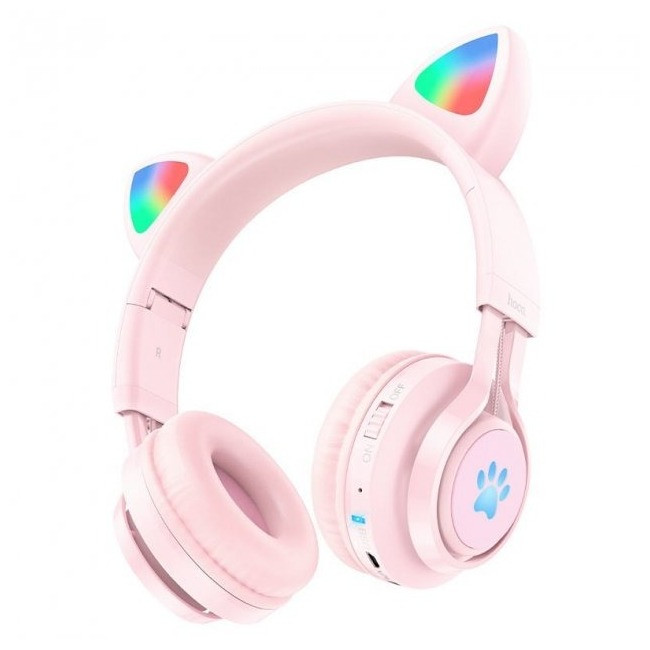 Бездротові навушники з вушками дитячі HOCO W39 Cat ear kids з підсвічуванням RGB рожеві, фото 1
