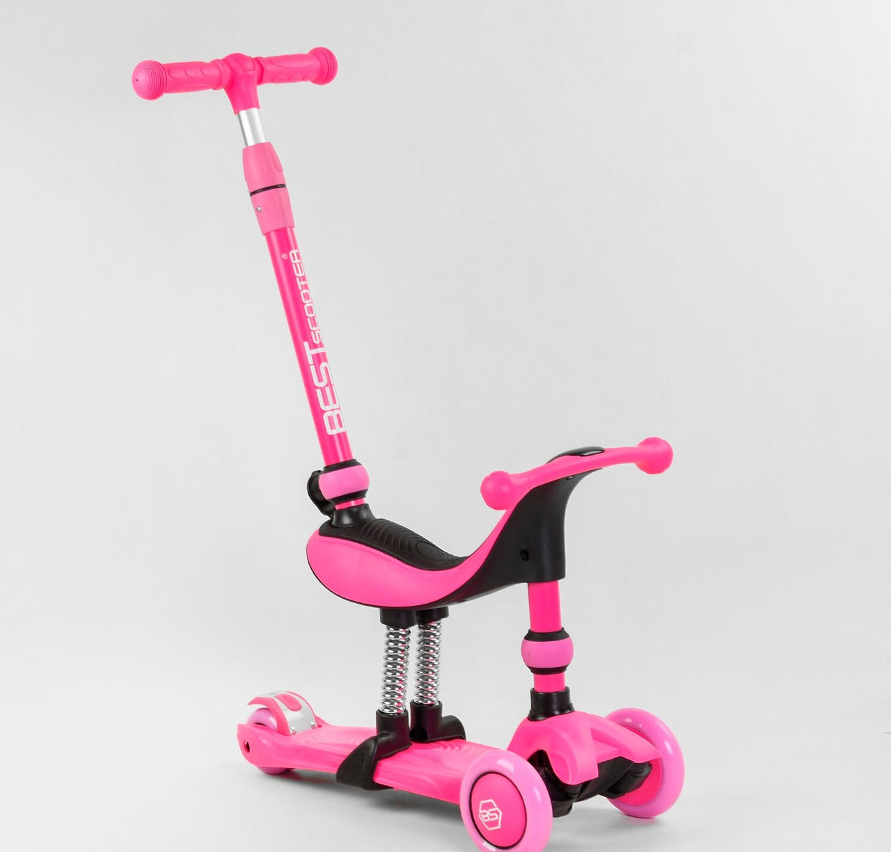 Триколісний самокат 3в1 Best Scooter, колеса, що світяться PU з батьківською ручкою, Рожевий BS-23180
