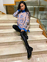 Женский свитер туника синяя с горловиной сердцами свободный удлинённый с разрезами снизу по бокам Турция