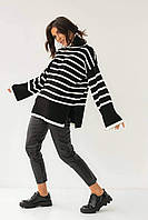 Трендовый женский свитер туника полосатая чёрная белая полоска удлинённая шерстяная хорошего качества Турция