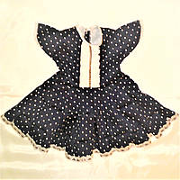 Летнее платье с широкой юбкой на девочку темно-синее в белый горошек, котон, на 9-12 месяцев