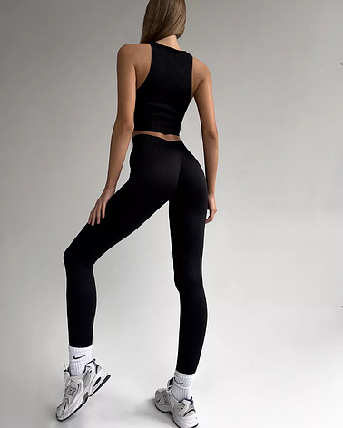 Комплект: лосини з ефектом пуш-ап та топ в рубчик S/M, Чорний з моделюючим швом ззаду, фото 1