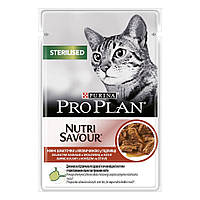 Purina Pro Plan Sterilised Кусочки с говядиной влажный корм для стерилизованных кошек консерва пауч 85 гр