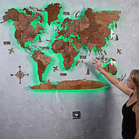 Багатошарова мапа світу на стіну, дерев'яна мапа світу з підсвічуванням, оригінальний подарунок 100х60см