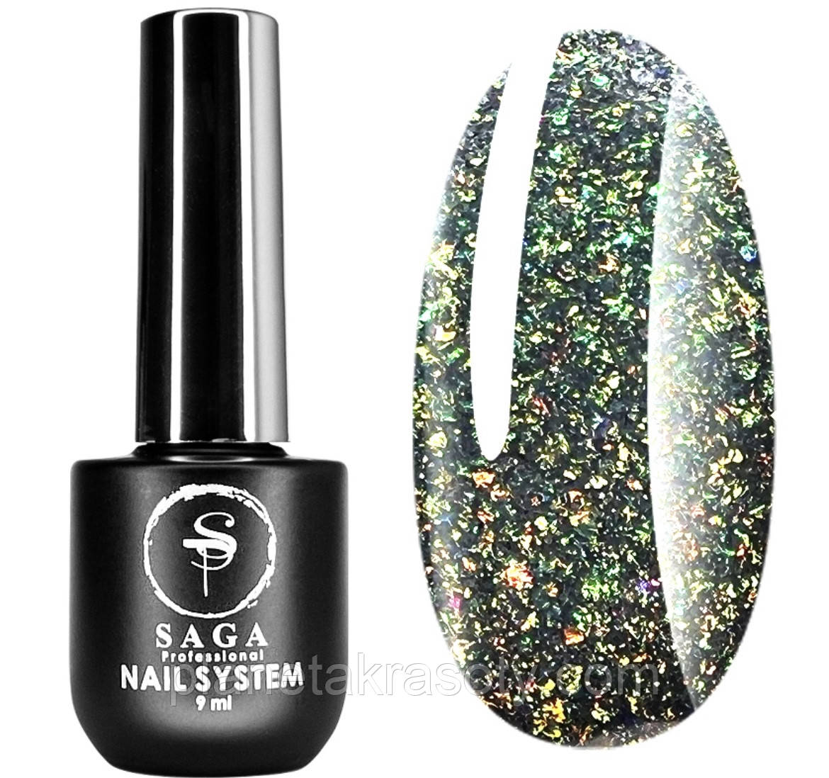 Світловідбивний гель-лак SAGA Fiery Gel №19, 9 мл - Зелений з різнокольоровим шимером, фото 1
