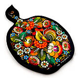 Дошка сувенірна Петриківський розпис із дерева ручної роботи 19х29см з малюнком ПІВНИК у КВІТАХ Україна, фото 5