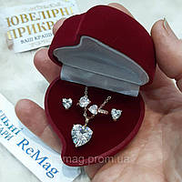 Набор "Алмазные сердечки в золоте" - серьги, колье и регулируемое кольцо в коробочке -солидный подарок девушке
