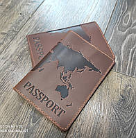 Коричневая кожаная обложка на паспорт карта мира ST Leather