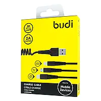 Кабель-пружина Budi Combo 3 in 1 /Micro USB /Lightning/Type-C/2m,2A/