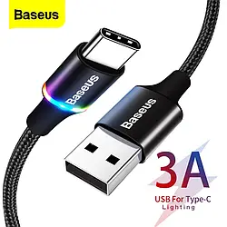 Кабель Baseus Halo Data Cable USB — Type-C LED, 3A, QC3.0, 2 м, Нейлонове обплетення, Чорний