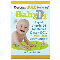 California Gold Nutrition, жидкий витамин D3 для детей, 10 мкг (400 МЕ), 10 мл, exp 07/24