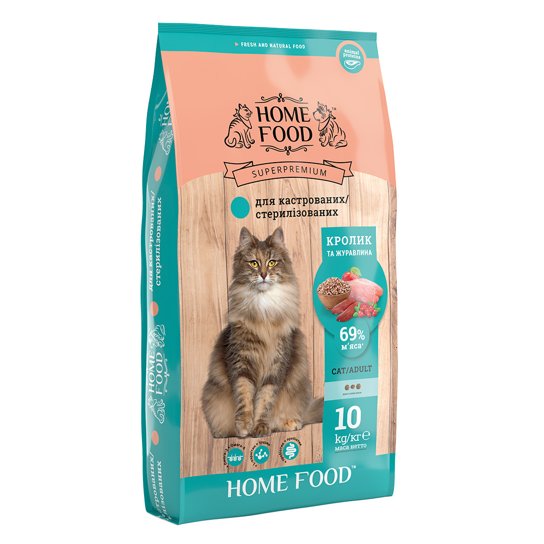 Сухий корм Home Food для дорослих котів Кролик та журавлина для кастрованих 10кг