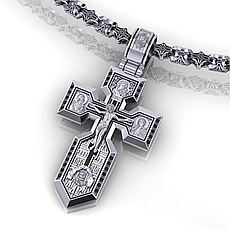 Великий клиноподібний православний хрест зі срібла з чорними фіанітами та емаллю (Вага 34 гр.)