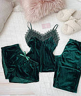 Женская пижама бархатная 3 в 1: майка, шорты и штаны