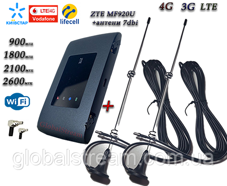 Мобільний модем 4G-LTE+3G WiFi Роутер ZTE MF920U чорний + 2 антени 4G(LTE) на 7 db магніт