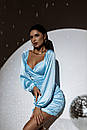 Вечірня блакитна розкішна сукня міні з драпіруванням та пишними рукавами, фото 3