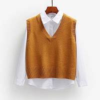 Теплый женский жилет-безрукавка с вязки на рубашку, коричневый (горчичный), Xs