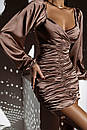 Вечірня коричнева розкішна сукня міні з драпіруванням та пишними рукавами, фото 7