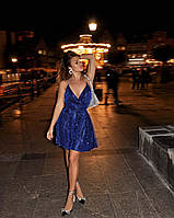 Вечернее синее роскошное платье мини из люрекса с открытой спиной