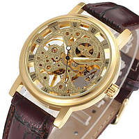 Механические мужские часы Winner Gold с кожаным ремешком скелетон золотые