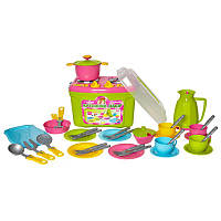 Дитячий набір посуду, в наборі плита, каструлька, сковорідка, таця, глечик, чашки, тарелки, ложки на 4 персони