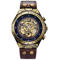 Классические мужские часы Winner Status New с кожаным ремешком золотые