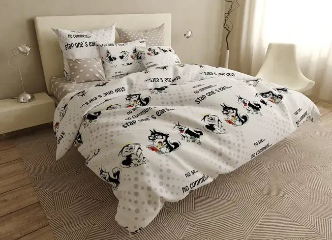 Сатинова двоспальна постільна білизна з простирадлом на резинці (20130) Постільна білизна двокольорова бавовна, фото 1