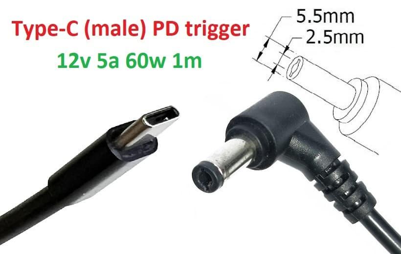 Перехідник на 12v (max 5a, 60w) 5.5x2.5mm 1m з USB Type-C (male) Power Delivery PD тригер (A class) 1 день гар.