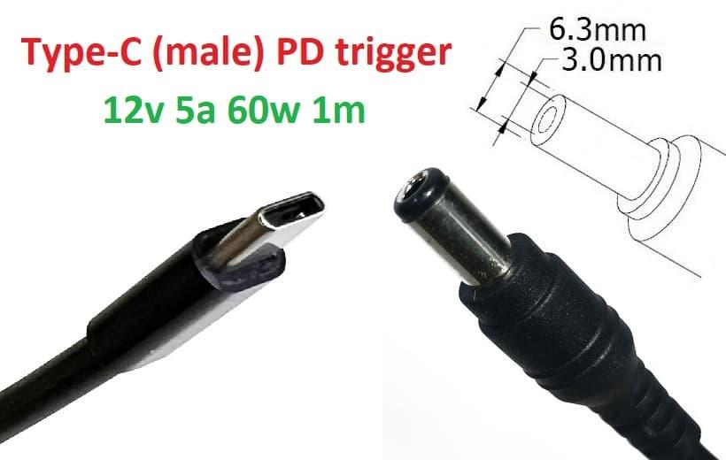 Перехідник на 12v (max 5a, 60w) 6.3x3.0mm 1m з USB Type-C (male) Power Delivery PD тригер (A class) 1 день гар.