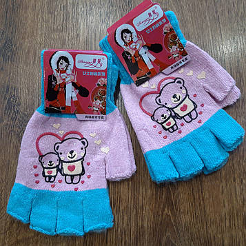 Жіночі (підліткові) вовняні рукавички без пальчиків "Shuaini" Медвежата Розовые