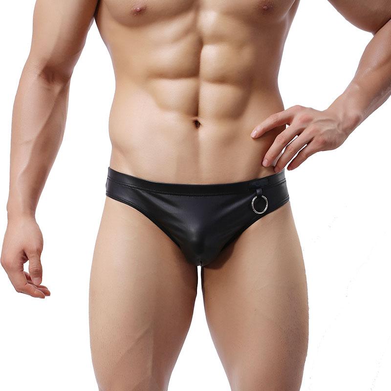 Шкіряні чоловічі еротичні труси з металевим кільцем розм. L, M, фото 1