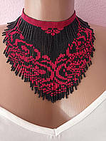 Женское ожерелье в украинском народном стиле, чокер - бахрома черно - бордовый