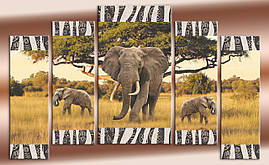 Модульна картина на полотні з 5 частин "Африканинські слони"