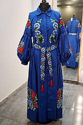 Плаття з рукавом реглан, з попліну, з вишивкою - петриківка, із застібкою на потайних гудзиках, колір - синій.
